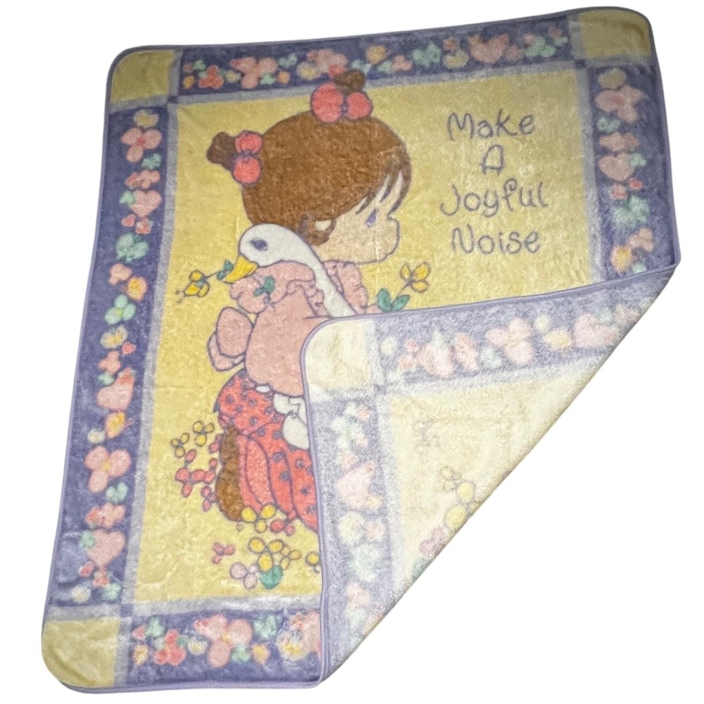VTG Precious Moments Joyful Noise Baby Blanket Fleece Christian cottage 49x58 - Picture 3 of 7